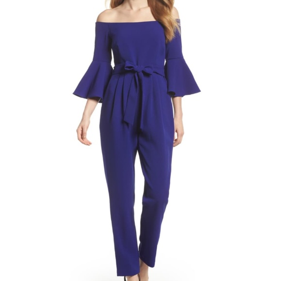 eliza j off the shoulder bell sleeve jumpsuit